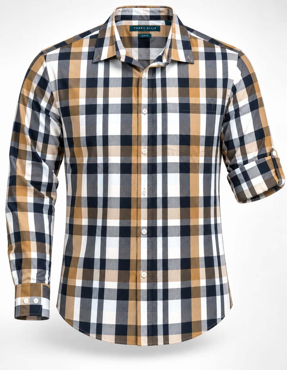 Perry Ellis Plaid Slim Fit Button Up Shirt Size XL Tan Brown Blue